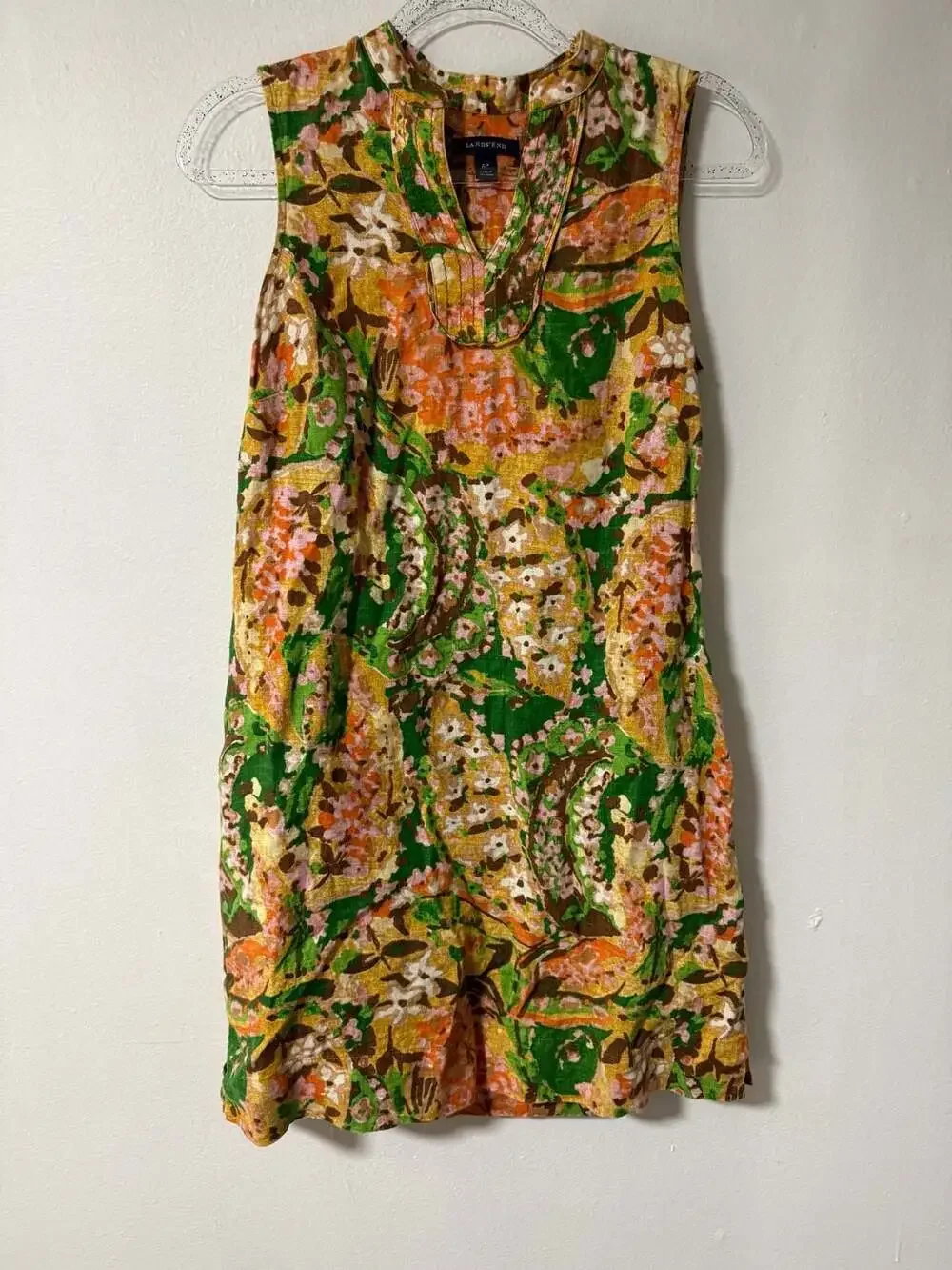 Lands' End Women's 6P Green Orange Floral Linen Sleeveless Tunic Dress